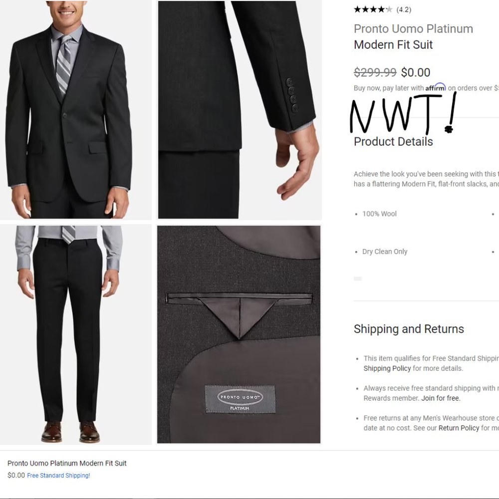 Pronto Uomo Platinum NWT, Black 2pc Suit